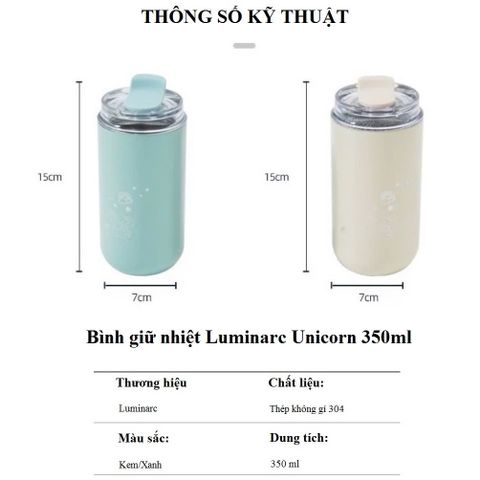 Bình Giữ Nhiệt Luminarc Unicorn 350ml - Con vật độc đáo, chống rò rỉ, kiểu dáng dễ thương, màu xanh da trời và hồng, hàng chính hãng