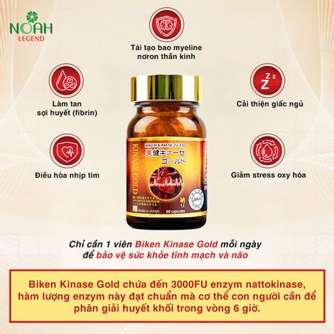 Viên Uống Biken Kinase Gold 60 Viên - Hỗ Trợ Lưu Thông Máu, Phòng Ngừa Đột Quỵ, Chiết Xuất Nattokinase Nhật Bản