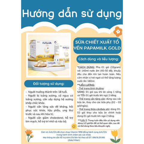 Sữa hỗ trợ loãng xương PaPamilk Gold chứa Tổ Yến 32g x 24 gói - Sữa dinh dưỡng phục hồi sức khỏe cho người lớn và người ốm dậy