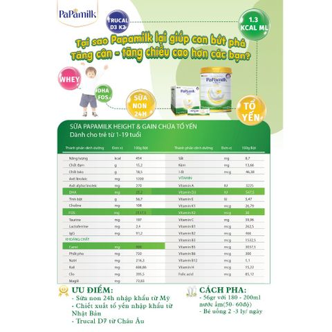 Sữa Tăng Cân, Chiều Cao Cho Trẻ PaPamilk Height & Gain Sữa Non 24H Tổ Yến - Dinh Dưỡng Tăng Cường Sức Đề Kháng, Phát Triển Toàn Diện