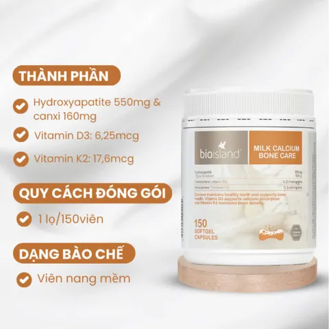 Viên uống canxi sữa Bio Island Milk Calcium hỗ trợ xương chắc khỏe - 150 viên, bổ sung canxi tự nhiên cho trẻ em và người lớn