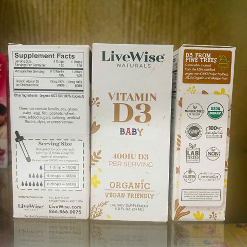 (có bill nhập) Vitamin D3 400IU Organic LiveWise Cho Bé Từ Sơ Sinh 24ml.