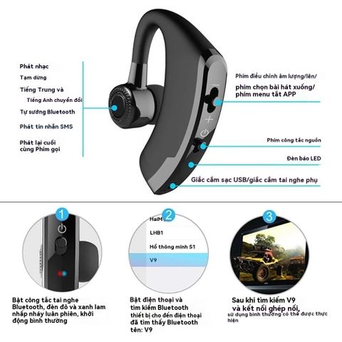 Tai Nghe Bluetooth Không Dây V9 - Mic Khử Tiếng Ồn, Pin Trâu, Âm Thanh Stereo, Thiết Kế Thể Thao Dành Cho Lái Xe Và Kinh Doanh