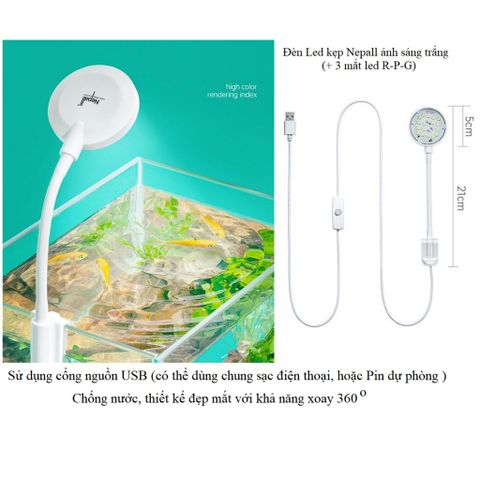 Đèn LED Kẹp Mini Jeneca D1S - Đèn Kẹp 3 Màu 360 Độ Cho Bể Cá Cảnh, Thủy Sinh - Tiết Kiệm Điện, Hiệu Suất Cao
