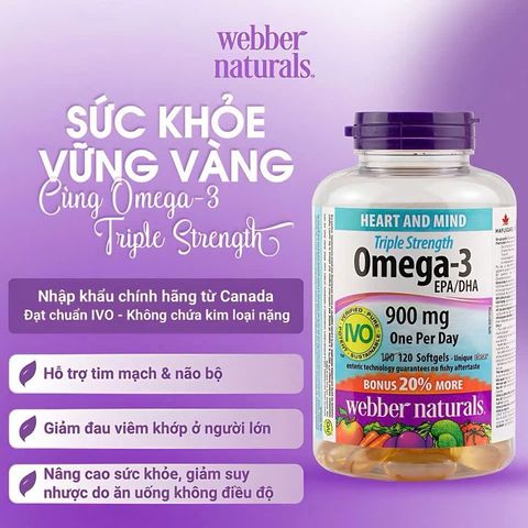 Viên uống Omega3 Webber Naturals 120 viên - Dầu cá bổ sung Omega-3 giúp cải thiện sức khỏe tim mạch và trí não