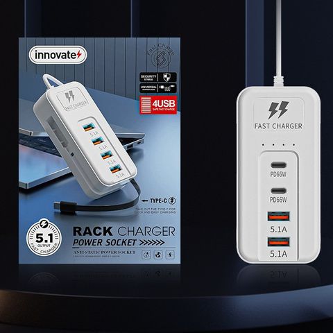 Ổ Cắm Sạc Đa Năng 4 Cổng 66W - 2 Cổng USB-A QC3.0 và 2 Cổng Type-C PD, Sạc Nhanh Đa Thiết Bị, Thích Hợp Cho Gia Đình và Văn Phòng