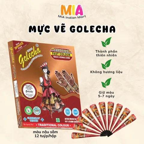 Mực Vẽ Hình Xăm Mehendi Golecha Hena Nâu Sẫm 25g - Mực Xăm Nghệ Thuật Ấn Độ, Cone Henna Tự Nhiên Dễ Dùng