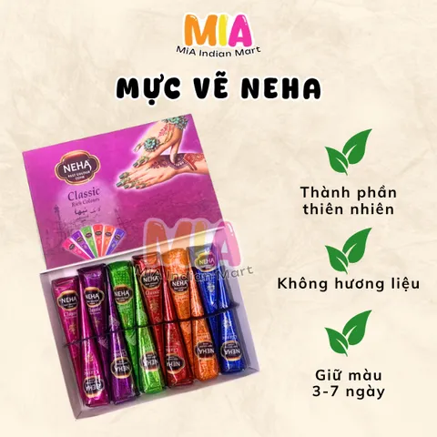 Mực Vẽ Hena Mehendi Neha Classic Colour Cone Ấn Độ - Hình Xăm Tạm Thời An Toàn, Sắc Nét, Dễ Dùng, 12 Tuýp Màu Đậm