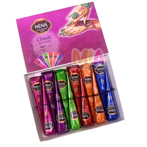 Mực Vẽ Hena Mehendi Neha Classic Colour Cone Ấn Độ - Hình Xăm Tạm Thời An Toàn, Sắc Nét, Dễ Dùng, 12 Tuýp Màu Đậm