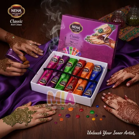 Mực Vẽ Hena Mehendi Neha Classic Colour Cone Ấn Độ - Hình Xăm Tạm Thời An Toàn, Sắc Nét, Dễ Dùng, 12 Tuýp Màu Đậm