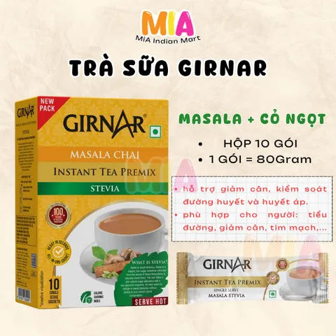 Trà Sữa Ấn Độ Girnar Instant Masala Chai Gói 10 Bịch - Hỗn Hợp Nguyên Liệu Đường Stevia, Thưởng Thức Vị Truyền Thống Không Đường