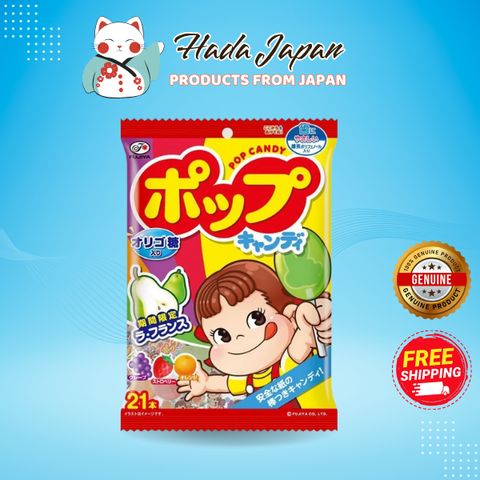 Kẹo mút Fujiya trái cây 20 cái 128g - Que kẹo giấy an toàn cho trẻ, vị cam, dâu, nho, dưa lưới, bổ sung polyphenol chống oxi hóa