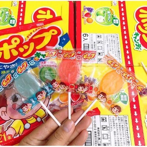 Kẹo mút Fujiya trái cây 20 cái 128g - Que kẹo giấy an toàn cho trẻ, vị cam, dâu, nho, dưa lưới, bổ sung polyphenol chống oxi hóa