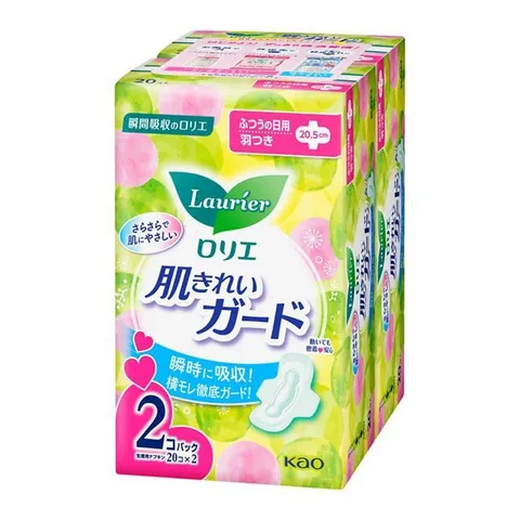 Băng vệ sinh Laurier 20.5cm ban ngày - Thoáng khí, thấm hút nhanh, ngăn rò rỉ - Sản phẩm nội địa Nhật Bản, 20 miếng x 2 gói