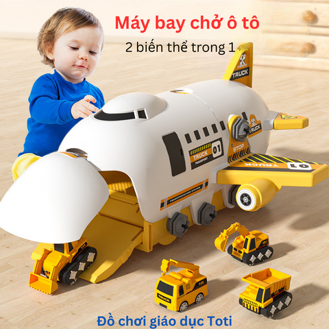 Máy Bay Chở Ô Tô Đồ Chơi Cao Cấp 2 Trong 1 - Đồ Chơi Kỹ Thuật Tương Tác Kèm Dụng Cụ Lắp Ráp Cho Trẻ Em