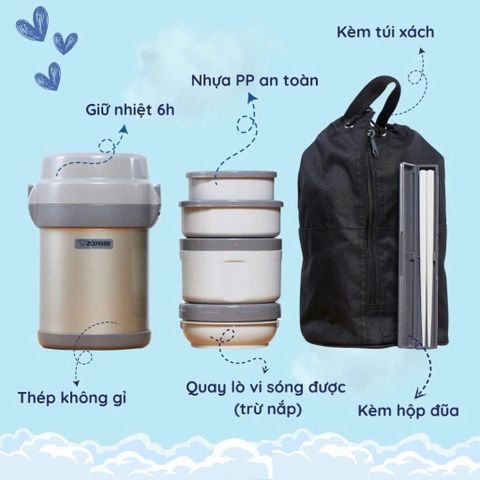 Hộp Cơm Giữ Nhiệt Zojirushi 4 Ngăn SL-JAF14-SA - 1.27L, Thép Không Gỉ, Tiện Lợi Giữ Nóng Lạnh, Bảo Hành 12 Tháng