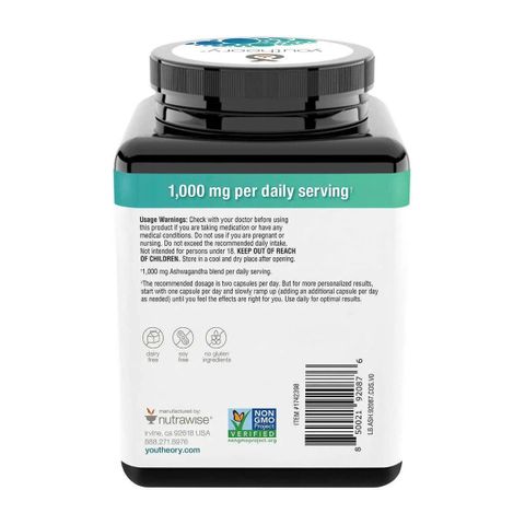 Viên uống Youtheory Ashwagandha 1000mg - Hỗ trợ sức khỏe, giảm căng thẳng, cải thiện giấc ngủ và làm đẹp da - 180 viên tự nhiên