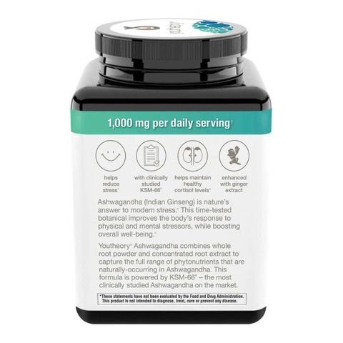 Viên uống Youtheory Ashwagandha 1000mg - Hỗ trợ sức khỏe, giảm căng thẳng, cải thiện giấc ngủ và làm đẹp da - 180 viên tự nhiên
