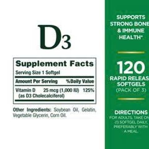 Viên uống Vitamin D3 Nature's Bounty 25mcg 120 viên - Bổ sung vitamin, hỗ trợ sức khỏe xương và miễn dịch hàng ngày