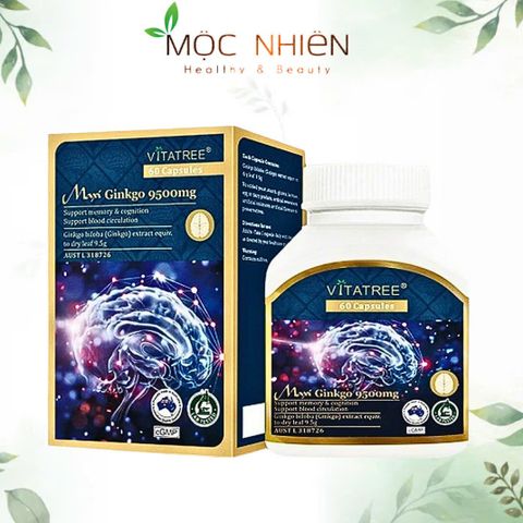 Vitatree Maxi Ginkgo 9500mg - Hỗ Trợ Tuần Hoàn Máu Não, Tăng Cường Trí Nhớ và Tinh Thần Minh Mẫn, Hộp 60 Viên