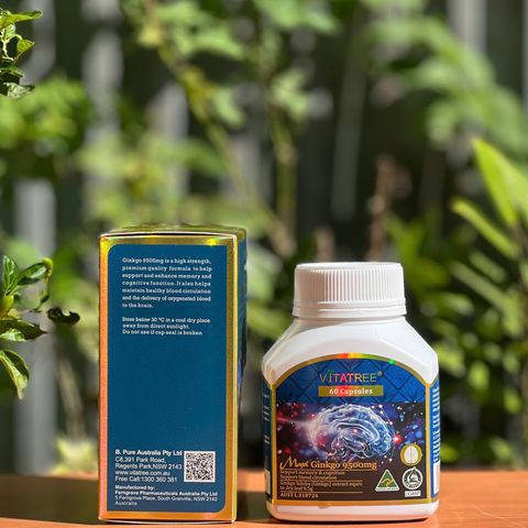 Vitatree Maxi Ginkgo 9500mg - Hỗ Trợ Tuần Hoàn Máu Não, Tăng Cường Trí Nhớ và Tinh Thần Minh Mẫn, Hộp 60 Viên