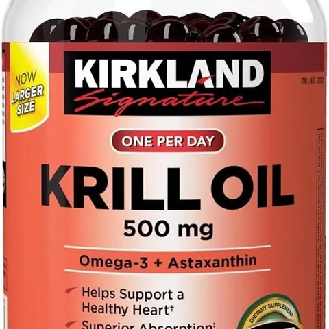 Omega Dầu nhuyễn thể Kirkland Signature Krill Oil 500mg - Thực phẩm chức năng bổ sung Omega-3, 180 viên hỗ trợ sức khỏe tim mạch và trí nhớ.