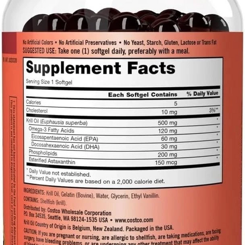 Omega Dầu nhuyễn thể Kirkland Signature Krill Oil 500mg - Thực phẩm chức năng bổ sung Omega-3, 180 viên hỗ trợ sức khỏe tim mạch và trí nhớ.