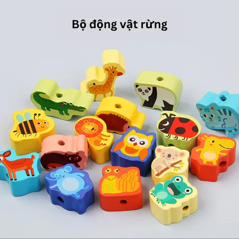 Bộ Xâu Hạt Gỗ Montessori Toti - Đồ Chơi Rèn Kỹ Năng Vận Động Tinh cho Bé 3-6 Tuổi, 163 Chi Tiết Chủ Đề Động Vật, Chữ Cái, Chữ Số