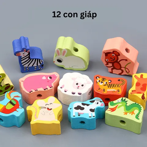 Bộ Xâu Hạt Gỗ Montessori Toti - Đồ Chơi Rèn Kỹ Năng Vận Động Tinh cho Bé 3-6 Tuổi, 163 Chi Tiết Chủ Đề Động Vật, Chữ Cái, Chữ Số