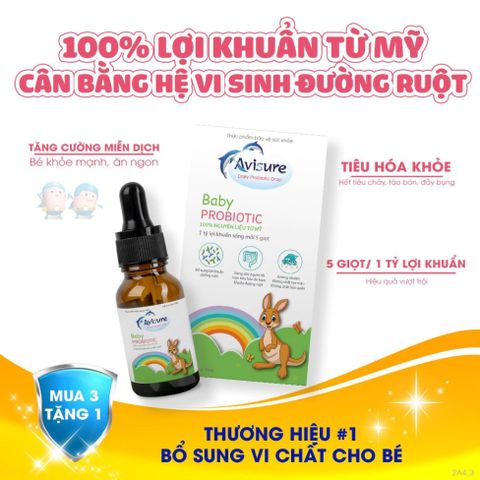 Men vi sinh Avisure Baby Probiotic cho trẻ - Giảm táo bón, tăng cường tiêu hóa và miễn dịch, 20ml, lợi khuẩn sống nhập khẩu từ Mỹ