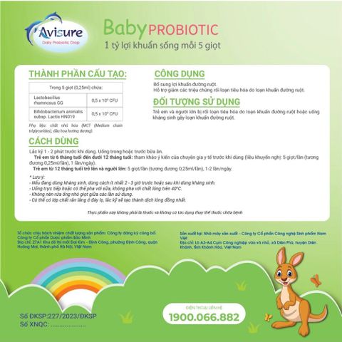 Men vi sinh Avisure Baby Probiotic cho trẻ - Giảm táo bón, tăng cường tiêu hóa và miễn dịch, 20ml, lợi khuẩn sống nhập khẩu từ Mỹ