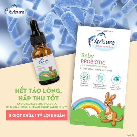 Men vi sinh Avisure Baby Probiotic cho trẻ - Giảm táo bón, tăng cường tiêu hóa và miễn dịch, 20ml, lợi khuẩn sống nhập khẩu từ Mỹ