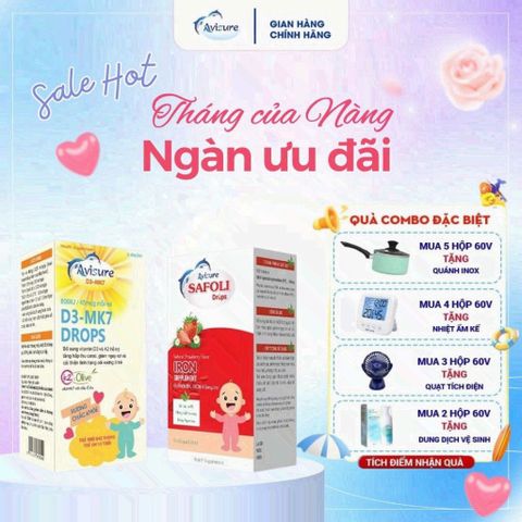 Combo Avisure D3MK7 và Safoli - Bổ sung Vitamin D3 & Sắt Hữu Cơ Cho Bé Tăng Cân, Tăng Chiều Cao 20ml
