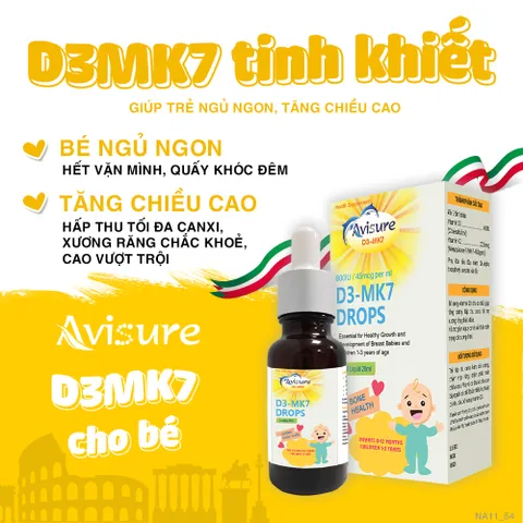 Vitamin D3 K2 Avisure D3MK7 Nhỏ Giọt - Hỗ Trợ Canxi và Phát Triển Chiều Cao Hiệu Quả Cho Trẻ Em, Nguyên Liệu Tinh Khiết Nhập Khẩu từ Châu Âu