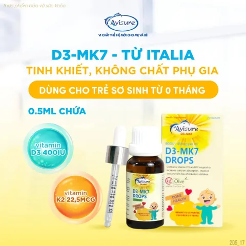 Vitamin D3 K2 Avisure D3MK7 Nhỏ Giọt - Hỗ Trợ Canxi và Phát Triển Chiều Cao Hiệu Quả Cho Trẻ Em, Nguyên Liệu Tinh Khiết Nhập Khẩu từ Châu Âu