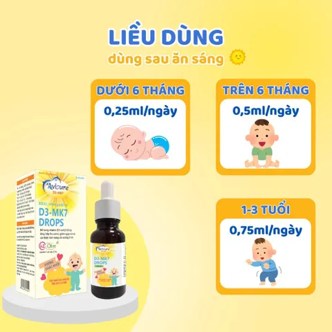 Vitamin D3 K2 Avisure D3MK7 Nhỏ Giọt - Hỗ Trợ Canxi và Phát Triển Chiều Cao Hiệu Quả Cho Trẻ Em, Nguyên Liệu Tinh Khiết Nhập Khẩu từ Châu Âu