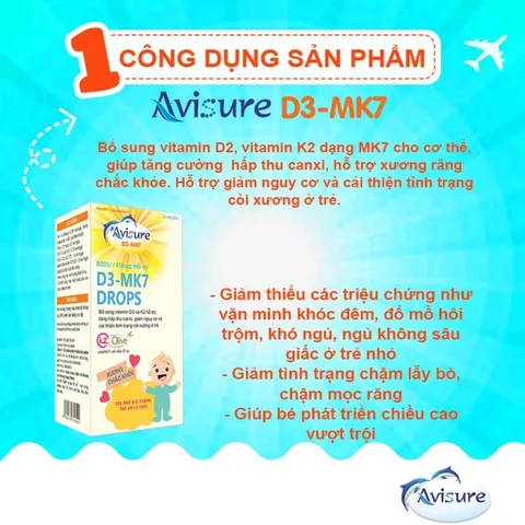Vitamin D3 K2 Avisure D3MK7 Nhỏ Giọt - Hỗ Trợ Canxi và Phát Triển Chiều Cao Hiệu Quả Cho Trẻ Em, Nguyên Liệu Tinh Khiết Nhập Khẩu từ Châu Âu