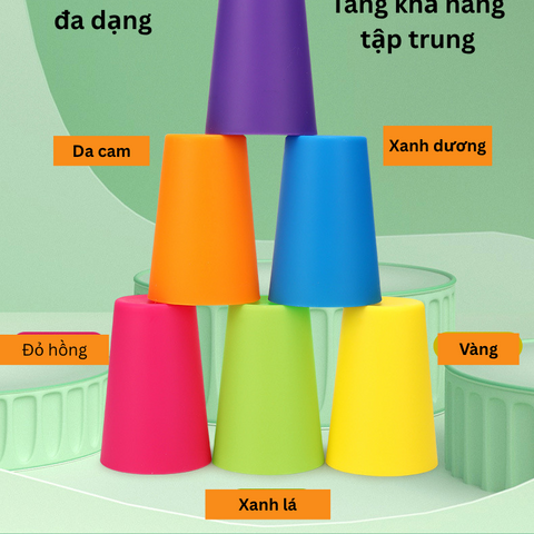Trò Chơi Xếp Cốc Nhựa Đủ Màu Cho Bé - Rèn Luyện Trí Nhớ Phối Hợp Tay-Mắt Bộ 12 Cốc Cùng Thẻ Câu Đố 23CXC01