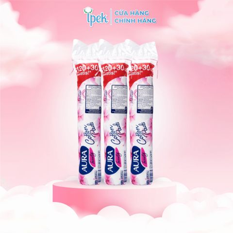 Combo 3 Bông Tẩy Trang Aura Beauty 120+30 Miếng 100% Cotton Thiên Nhiên - Tẩy Trang, Thấm Toner, Chăm Sóc Da Mềm Mại