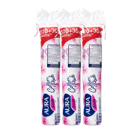 Combo 3 Bông Tẩy Trang Aura Beauty 120+30 Miếng 100% Cotton Thiên Nhiên - Tẩy Trang, Thấm Toner, Chăm Sóc Da Mềm Mại