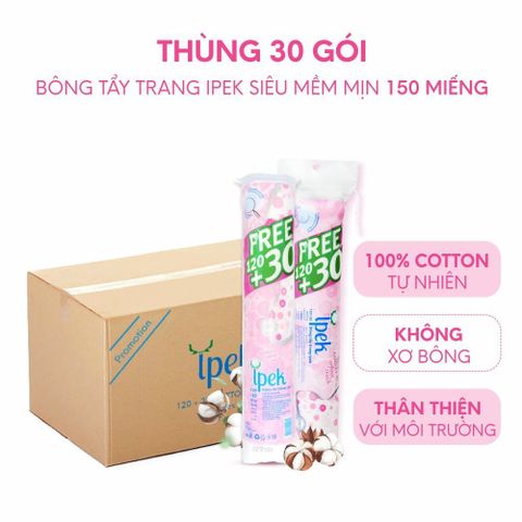 Bông Tẩy Trang Ipek Cotton Thổ Nhĩ Kỳ - Thùng 30 Gói, 150 Miếng, Siêu Mềm, An Toàn Cho Da Nhạy Cảm