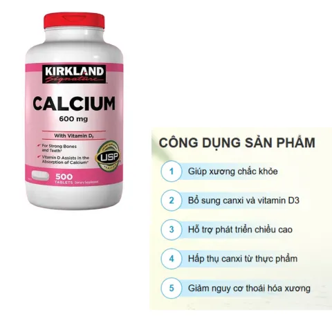 Viên uống Canxi Kirkland 600mg + D3 500 viên - Bổ sung Canxi và Vitamin D hỗ trợ sức khỏe xương hiệu quả từ Mỹ