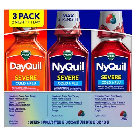 Siro Cảm Vicks DayQuil & NyQuil Cold & Flu Severe 354ml x3 Chai - Giảm Đau Đầu, Sốt, Nghẹt Mũi, Hắt Hơi Hiệu Quả