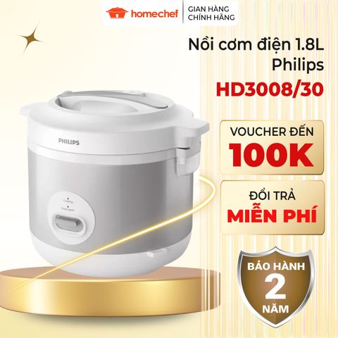 Nồi Cơm Điện Philips HD3008 1.8L - Công Suất 775W, Nấu Cơm Chín Đều, Thiết Kế Hiện Đại, Bảo Hành 2 Năm