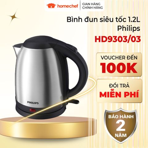 Bình đun nước siêu tốc Philips HD9303, dung tích 1.2L, công suất 1800W, inox cao cấp, bảo hành 2 năm - Thiết kế sang trọng và tiện dụng