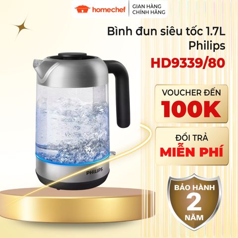 Bình Đun Siêu Tốc Philips HD9339 Thủy Tinh 1.7L, Công Suất 2200W, Thiết Kế Sang Trọng, Bảo Hành 2 Năm, Phù Hợp Gia Đình và Văn Phòng
