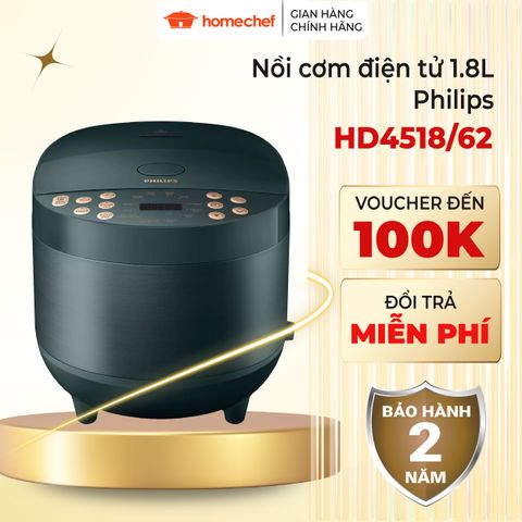 Nồi Cơm Điện Tử Philips HD4518/62 1.8L - 18 Chế Độ Nấu Đa Dạng, Công Nghệ Đốt Nóng 3D, Bảo Hành 2 Năm