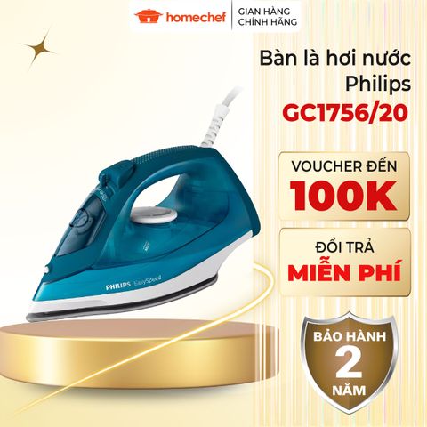 Bàn là hơi nước cầm tay Philips GC1756 - Công suất 2000W, phun hơi tự động, nhỏ gọn, bảo hành 2 năm, ủi dễ dàng mọi loại vải