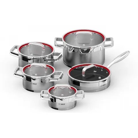 Bộ nồi inox Arber AN05RED-MAX 5 chiếc - Chất liệu thép không gỉ, đáy 3 đáy siêu bền cho mọi loại bếp, an toàn và dễ vệ sinh.