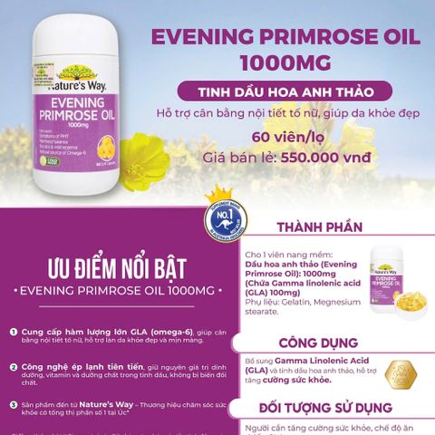 Viên Uống Hỗ Trợ Da Và Nội Tiết Nature’s Way Evening Primrose Oil 1000mg - Giúp Cân Bằng Nội Tiết Tố Nữ, 60 Viên Hỗ Trợ Sức Khỏe Tổng Quát